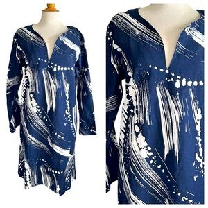 PINE CONE HILL Linen Blend Navy Blue White Tunic Dress Top - Large